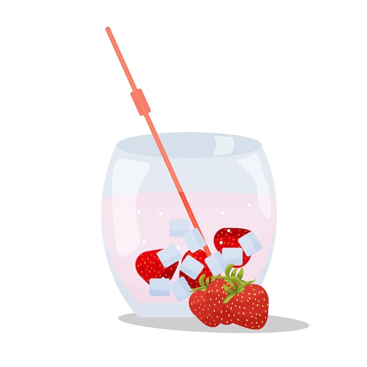 Vector limonada de fresa o cóctel con hielo en un vaso con una paja ilustración vectorial