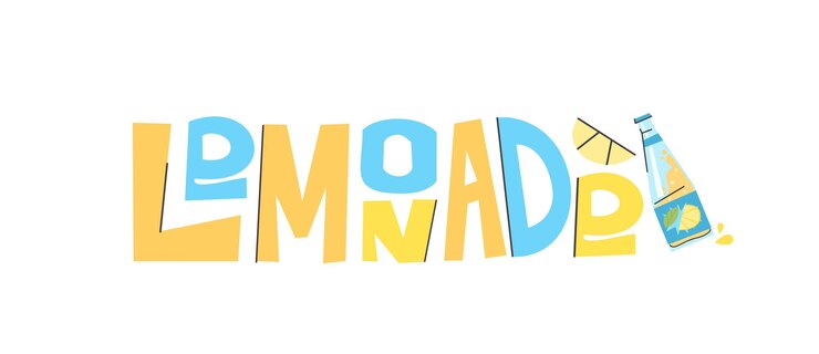 Vector limonada de letras multicolores. ilustración de una botella de imonada y una rodaja de limón.