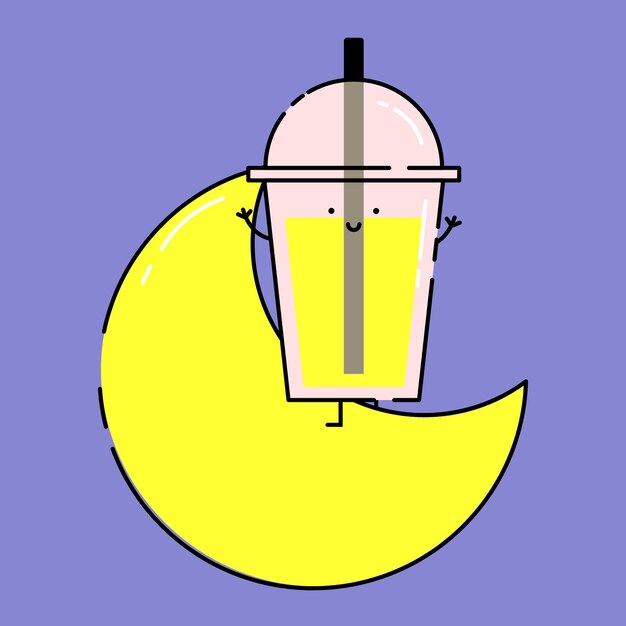 limonada sentado en la luna y agitando la mano dibujos animados comida linda mascota ilustración aislado plano