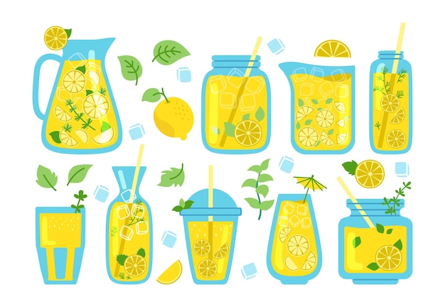 Vector limonada en tarro, conjunto de dibujos animados de cócteles de menta. jarra de bebidas con pajita, rodaja de limón.