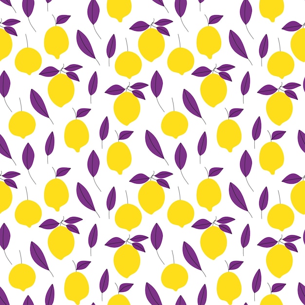 Limones amarillos brillantes con hojas violetas simple patrón sin costuras Ilustración vectorial