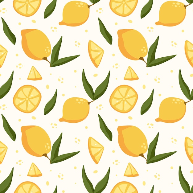Limones amarillos en rebanadas y hojas con patrón sin costuras en estilo plano