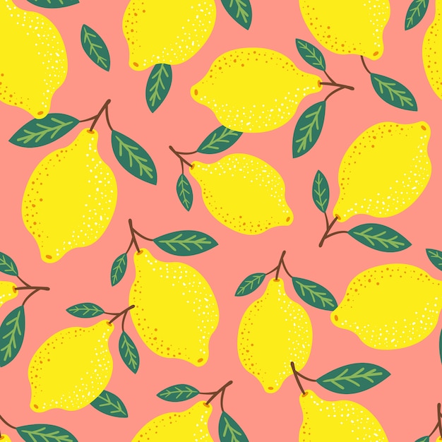 Limones y hojas tropical de patrones sin fisuras. dibujado a mano ilustración.