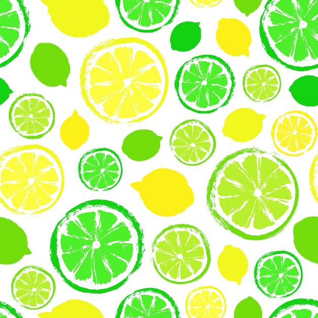 Limones Limas Fondo Fruta Pintado Patrón Decoración caótica sin costuras para papel tapiz de cocina Impresión de carteles muebles textiles tela de moda Alimentos en rodajas brillantes Ilustración de vector de cítricos