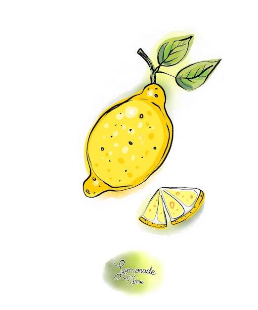 Limones y limonada al estilo acuarela sobre un fondo claro o transparente.