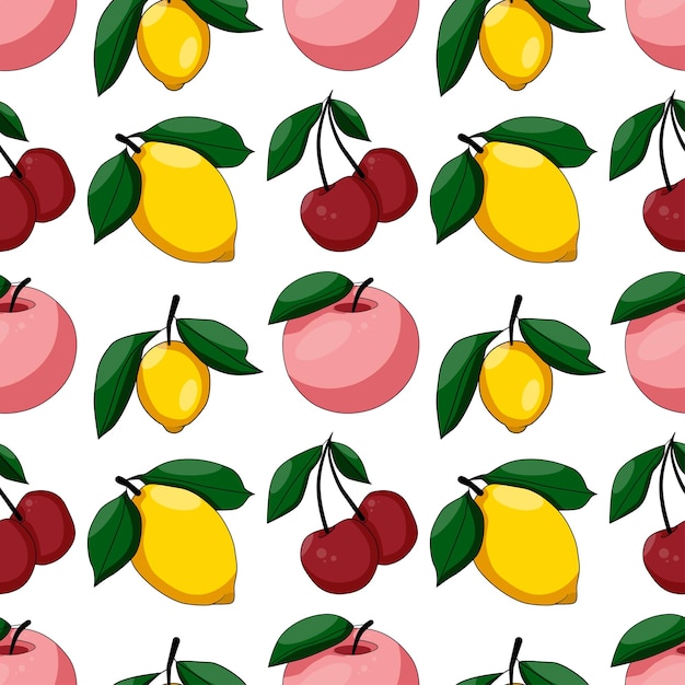 Limones y manzanas de cerezas maduras brillantes en estilo de dibujos animados con patrón transparente de contorno negro en Pentecostés