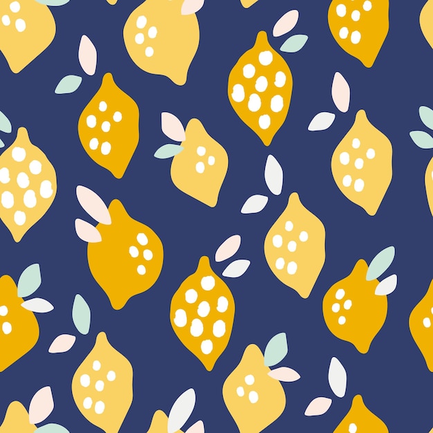 Limones vector amarillo fresco sobre fondo azul. Diseño de verano en estilo dibujado a mano. patrón sin costuras
