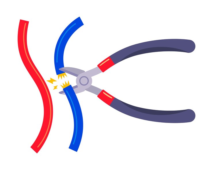 Vector limpia la bomba cortando el alambre. repare el cableado con alicates. ilustración vectorial plana.