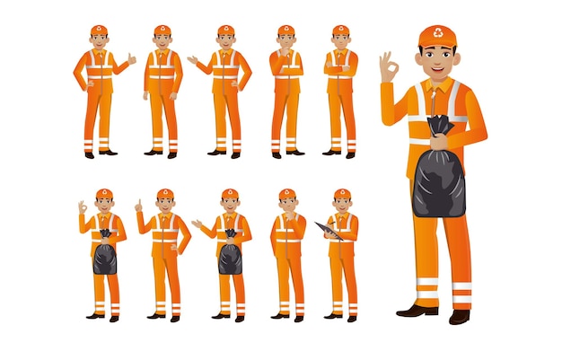 Limpiador de calles con diferentes poses.