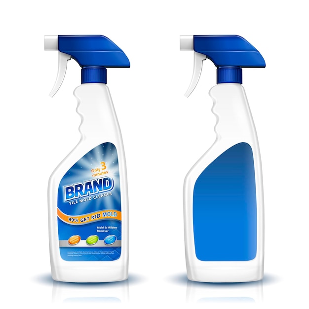 Limpiador de moldes para azulejos, botella de spray en blanco con diseño de etiqueta aislado sobre fondo blanco, ilustración 3d