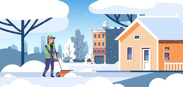 Limpiador de mujer en uniforme con mango quitanieves concepto de servicio de remoción de nieve trabajadora limpieza área residencial de la casa plana ilustración vectorial