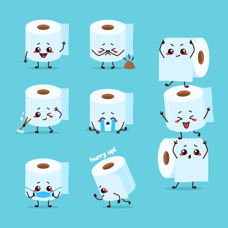 Vector limpiador de papel higiénico baño baño ilustración mascota de dibujos animados