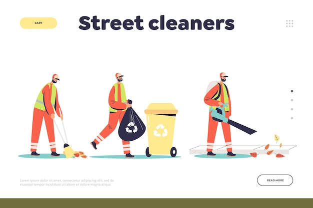 Vector limpiadores de calles concepto de página de inicio con equipo de conserjes en uniforme limpiando calles y recogiendo basura para reciclar basura. ilustración de vector plano de dibujos animados