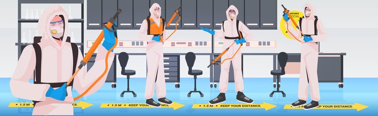 Vector limpiadores profesionales en trajes de materiales peligrosos conserjes limpieza y desinfección de coronavirus