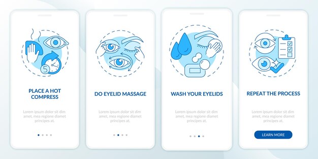 Limpie alrededor de los ojos al incorporar la pantalla de la página de la aplicación móvil. Instrucciones para el tutorial de cirugía Instrucciones gráficas de 4 pasos con conceptos. UI, UX, plantilla vectorial GUI con ilustraciones en color lineal
