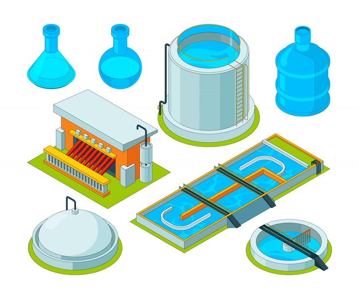 Vector limpieza de agua. tratamiento de riego separación de residuos transporte químico industrial purificación de agua imágenes isométricas