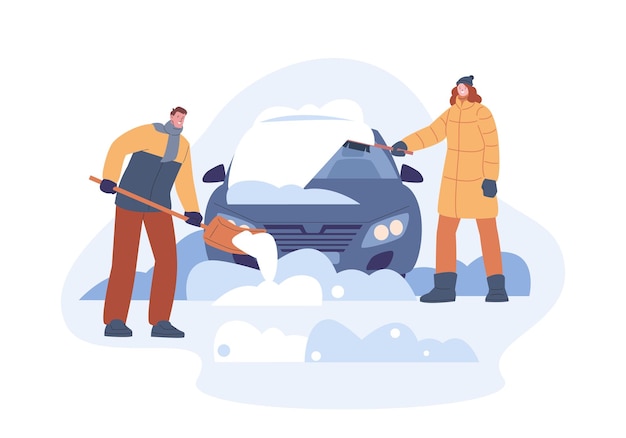 Limpieza del coche de la nieve después de la tormenta de nieve Hombre y mujer limpiando el auto eliminaron la nieve estacional con cepillo y pala Escena vectorial de kicky de invierno