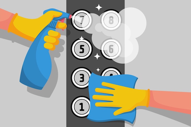 Limpieza desinfecta los botones del ascensor Prevención de la contaminación Servicia en las manos Guantes de goma protectores