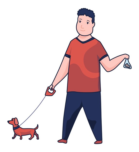 Limpieza después del perro Propietario de mascota recogiendo residuos de mascotas durante un paseo en un parque público Responsabilidad animal de la basura concepto de reglas de limpieza Ilustración vectorial lineal