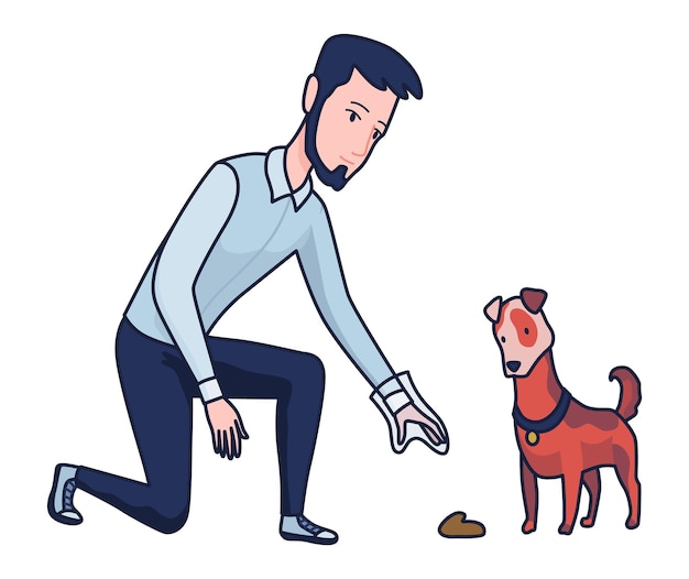 Limpieza después del perro Propietario de mascota recogiendo residuos de mascotas durante un paseo en un parque público Responsabilidad animal de la basura concepto de reglas de limpieza Ilustración vectorial lineal