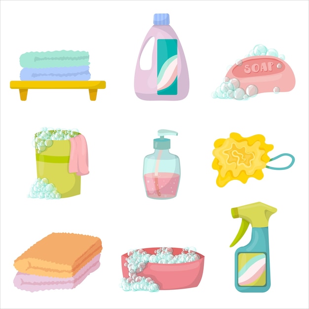 Limpieza Detergentes y productos de limpieza para la limpieza de la casa Hogar Ilustración vectorial aislada en fondo blanco