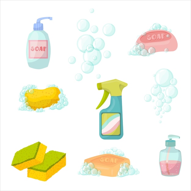 Vector limpieza detergentes y productos de limpieza para la limpieza de la casa hogar ilustración vectorial aislada en fondo blanco