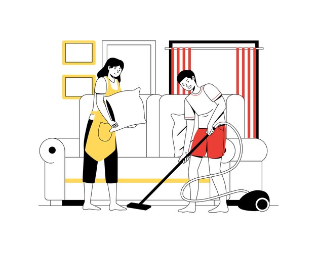 Limpieza del hogar La gente hace el trabajo doméstico Ilustración vectorial