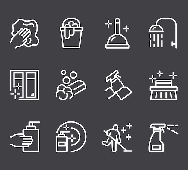 Limpieza de limpieza de la línea de lavado icono conjunto aislado diseño gráfico plano vectorial