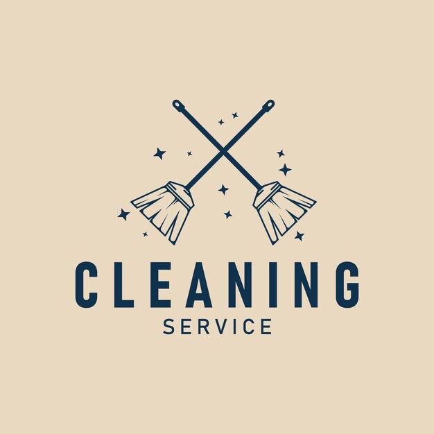 limpieza línea de servicio arte logotipo concepto minimalista escoba cruz diseño de ilustración vectorial simple