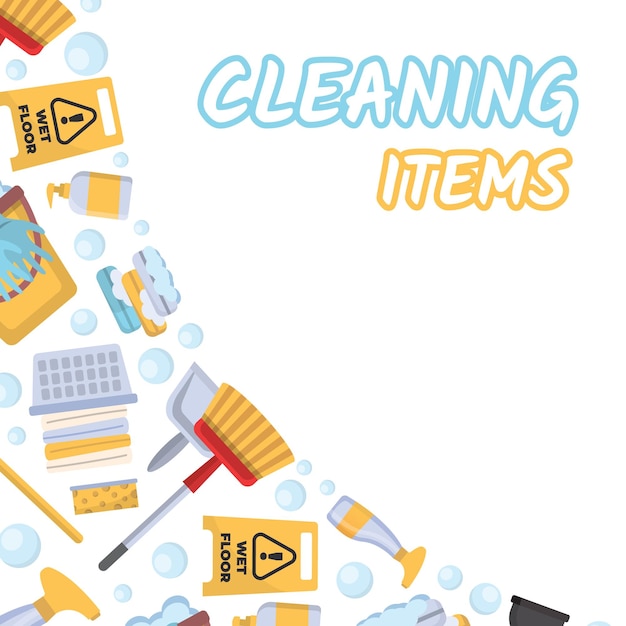 Limpieza de ropa artículos de dibujos animados de forma de esquina detergentes cepillos trapos jabón trapos lavadoras polvos de limpieza productos para la limpieza de la casa vectorial esquina de dibujo animado en forma de fondo plano