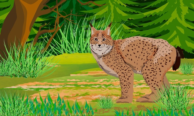 El lince euroasiático se encuentra en un bosque con grandes abetos y hierba densa