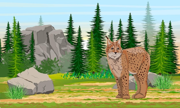 El lince euroasiático se encuentra en un claro cerca de abetos y piedras grandes Animales de Europa y Asia