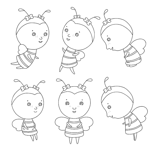 Linda abeja en 6 poses diferentes Carácter de insecto. Ilustración de contorno vectorial para colorear página