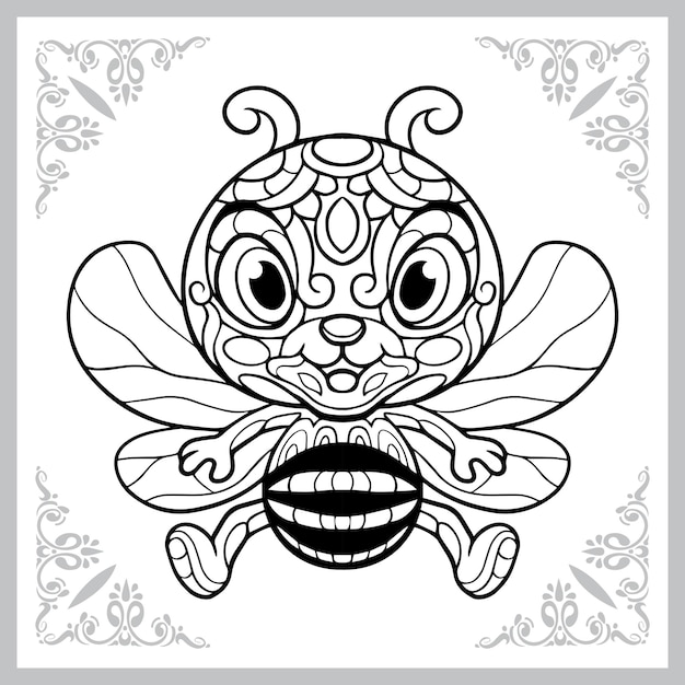 Linda abeja dibujos animados artes zentangle aislado sobre fondo blanco.