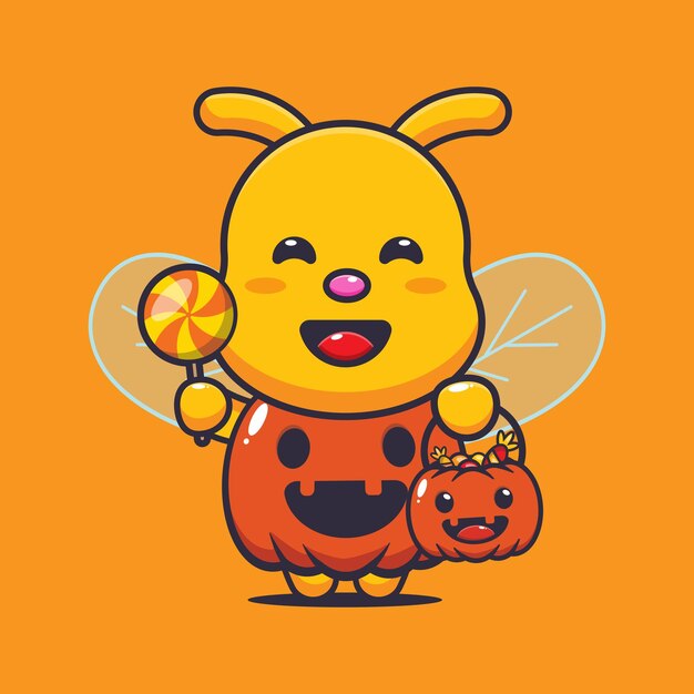 Linda abeja con disfraz de calabaza de Halloween. Linda ilustración de dibujos animados de halloween.
