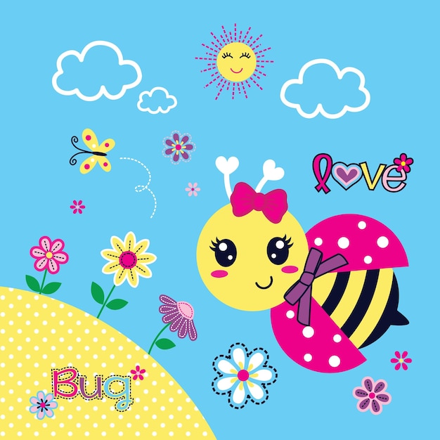 Linda abeja en el fondo de la naturaleza con el vector de flores