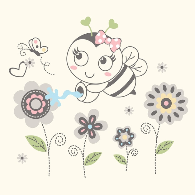 Linda abeja con hermosa flor ilustración vectorial