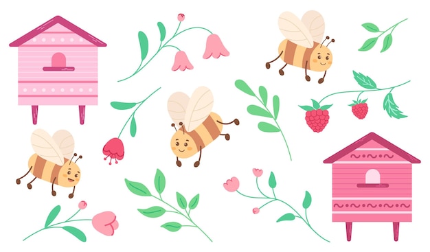 Linda abeja de miel divertida ilustración conjunto Colección de vectores de dibujos animados con colmenas flores y hojas