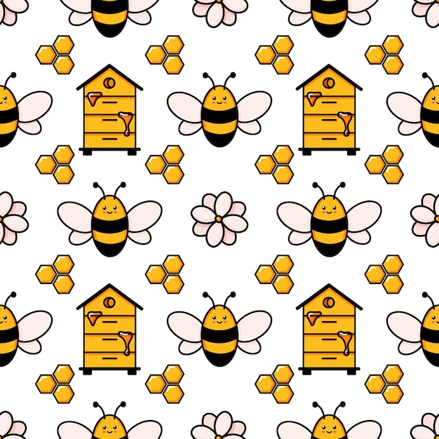 Linda abeja de miel de patrones sin fisuras Vector doodle dibujos animados colmena flores y panales ilustración