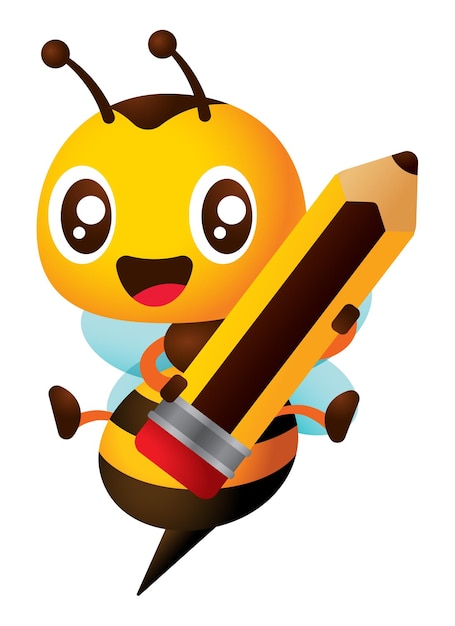 Vector linda abeja de miel sosteniendo un lápiz grande de vuelta al vector de personaje de dibujos animados de concepto de escuela