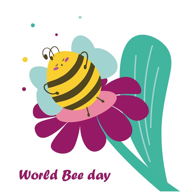 Una linda abeja regordeta duerme en una flor Personaje de dibujos animados del Día Mundial de la Abeja Para invitación o diseño de postales Ilustración de vector plano