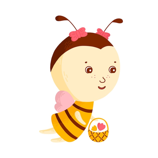 Linda abeja voladora amigable con cesta insecto personaje vector niños ilustración