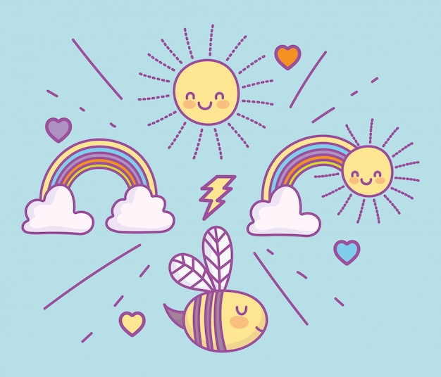 Linda abeja voladora arco iris calouds sol encantadora ilustración de dibujos animados