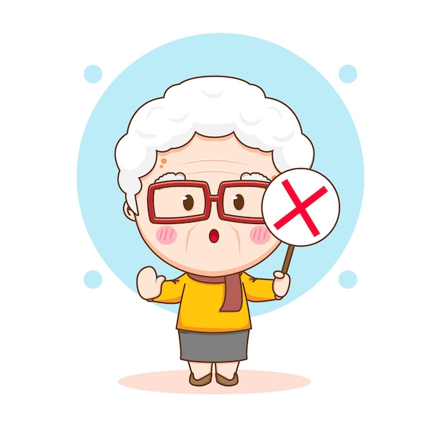 Linda abuela con cartel equivocado chibi personaje de dibujos animados dibujados a mano