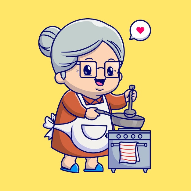 Linda abuela cocinando en la ilustración de icono de vector de dibujos animados de cocina. Concepto de icono de comida de personas aislado