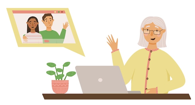 Una linda abuela se comunica por video chat con su nieto y su esposa ilustración vectorial sobre fondo blanco