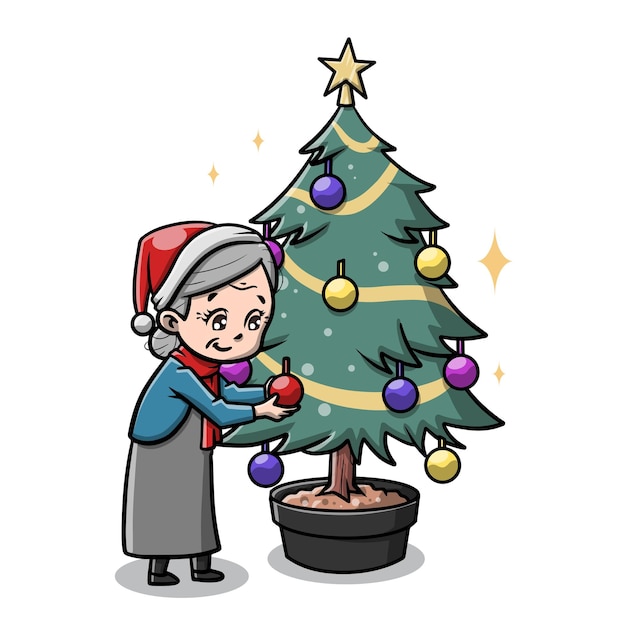 Linda abuela decorando dibujos animados de árbol de Navidad