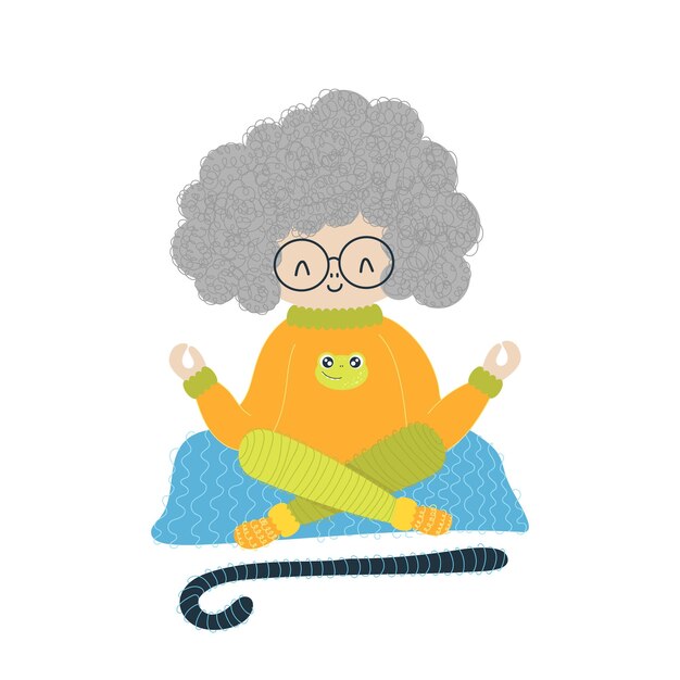 Vector una linda abuela meditadora se sienta en una alfombra. abuela rizada de dibujos animados.