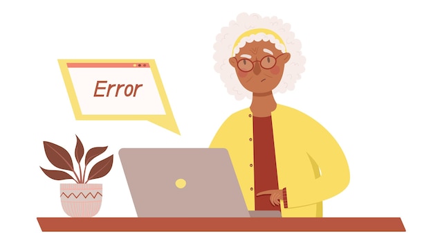 Linda abuela de piel negra descubrió un error en su trabajo en la computadora ilustración vectorial