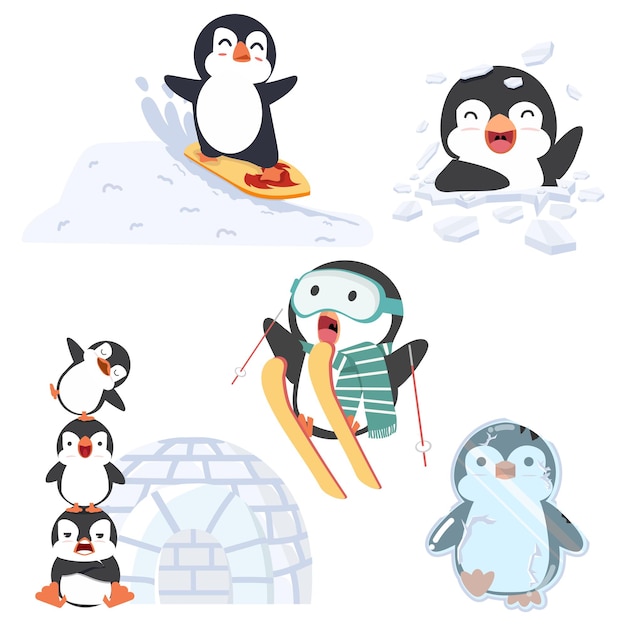 Linda actividad de pingüinos en conjunto de invierno